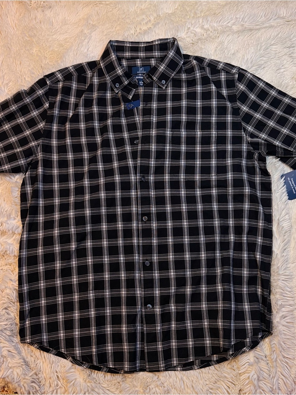 NWT George Mens Black/White Plaid short sleeve Button-Down Shirt size large